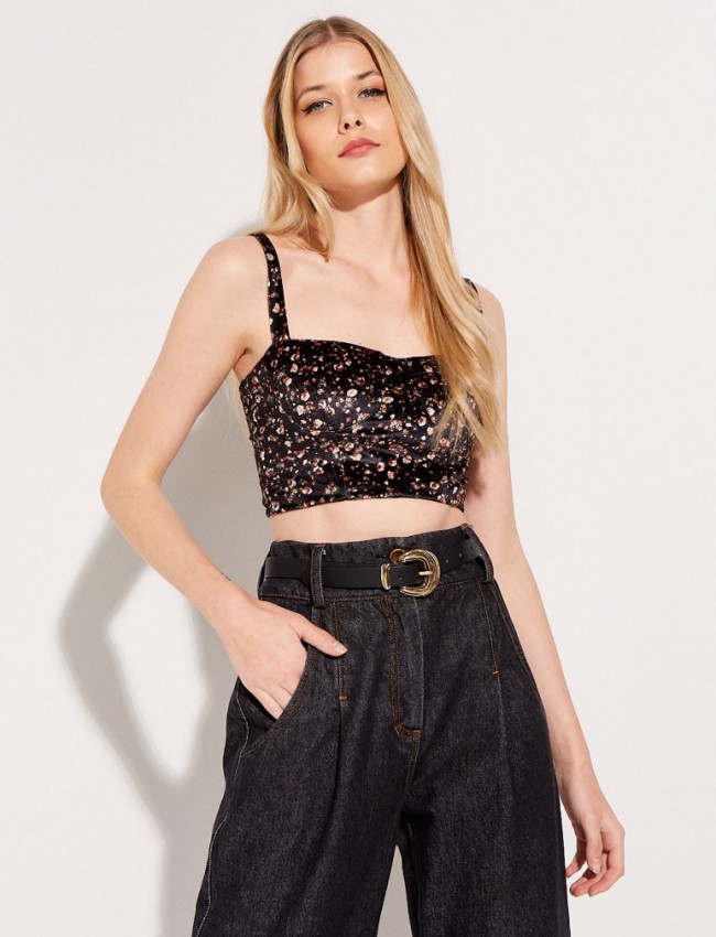 Floral printed μαύρο αμάνικο τοπ με λεπτή ρυθμιζόμενη τιράντα, λάστιχο στην πλάτη και κλείσιμο με φερμουάρ πίσω Lynne