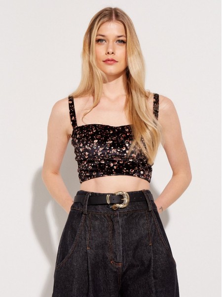 Floral printed μαύρο αμάνικο τοπ με λεπτή ρυθμιζόμενη τιράντα, λάστιχο στην πλάτη και κλείσιμο με φερμουάρ πίσω Lynne