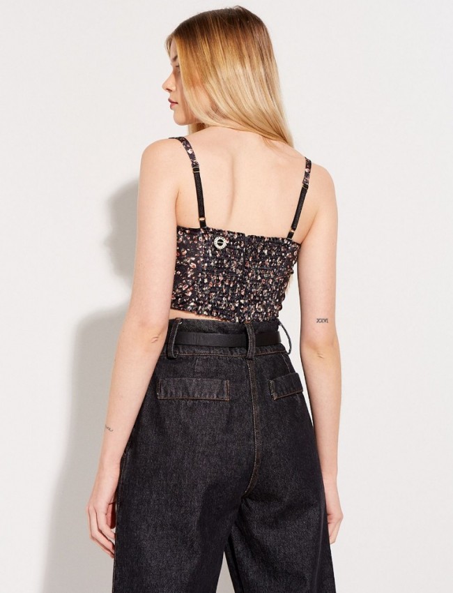 Floral printed μαύρο αμάνικο τοπ με λεπτή ρυθμιζόμενη τιράντα, λάστιχο στην πλάτη και κλείσιμο με φερμουάρ πίσω Lynne