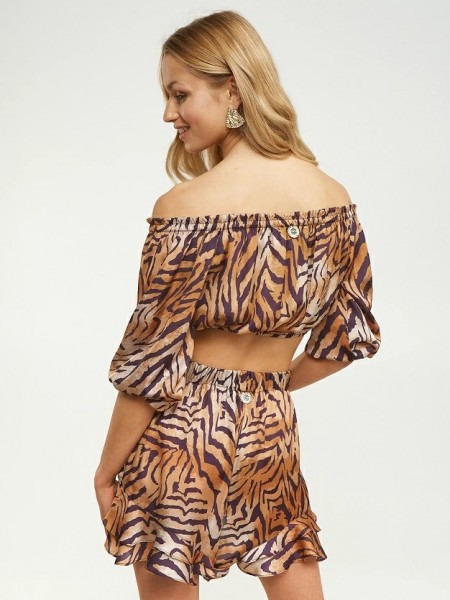 Ζebra printed σατέν crop top, off shoulder,  μανίκι 3/4 , λάστιχο στο πάνω μέρος και στο τελείωμα LYNNE