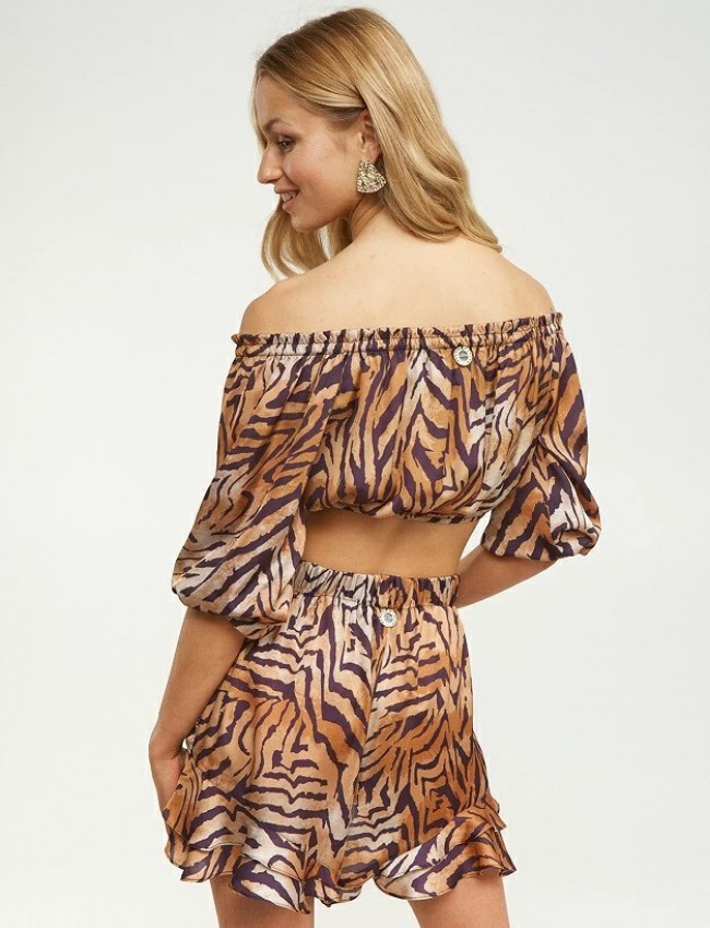 Ζebra printed σατέν crop top, off shoulder,  μανίκι 3/4 , λάστιχο στο πάνω μέρος και στο τελείωμα LYNNE