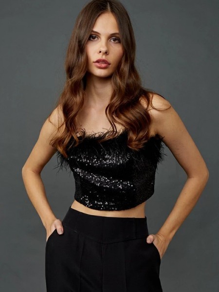 Μαύρο cropped top παγετένιο με μη αποσπώμενα πούπουλα στο μπούστο και ρυθμιζόμενες τιράντες Lynne