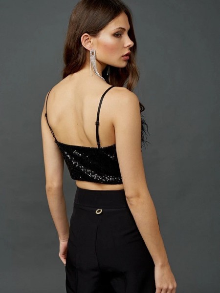 Μαύρο cropped top παγετένιο με μη αποσπώμενα πούπουλα στο μπούστο και ρυθμιζόμενες τιράντες Lynne