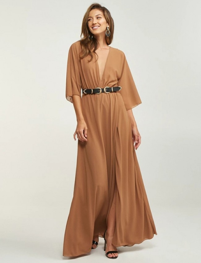 Nude maxi μουσελίνα φόρεμα με 3/4 μανίκια με τούλινη λεπτομέρεια στο μπούστο, ελαστική μέση και μπροστινό σκίσιμο Lynne