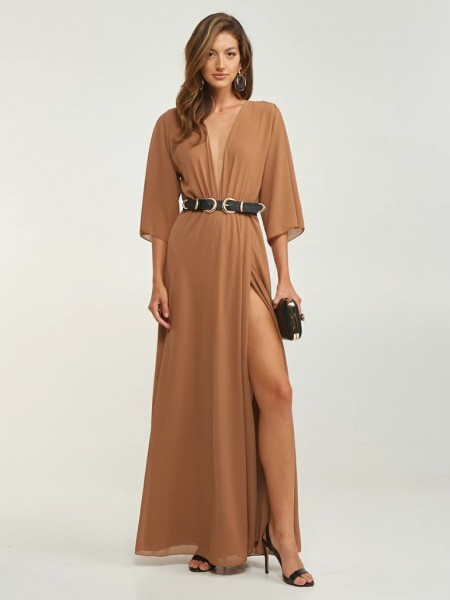 Nude maxi μουσελίνα φόρεμα με 3/4 μανίκια με τούλινη λεπτομέρεια στο μπούστο, ελαστική μέση και μπροστινό σκίσιμο Lynne