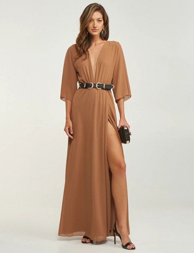 Nude maxi μουσελίνα φόρεμα με 3/4 μανίκια με τούλινη λεπτομέρεια στο μπούστο, ελαστική μέση και μπροστινό σκίσιμο Lynne