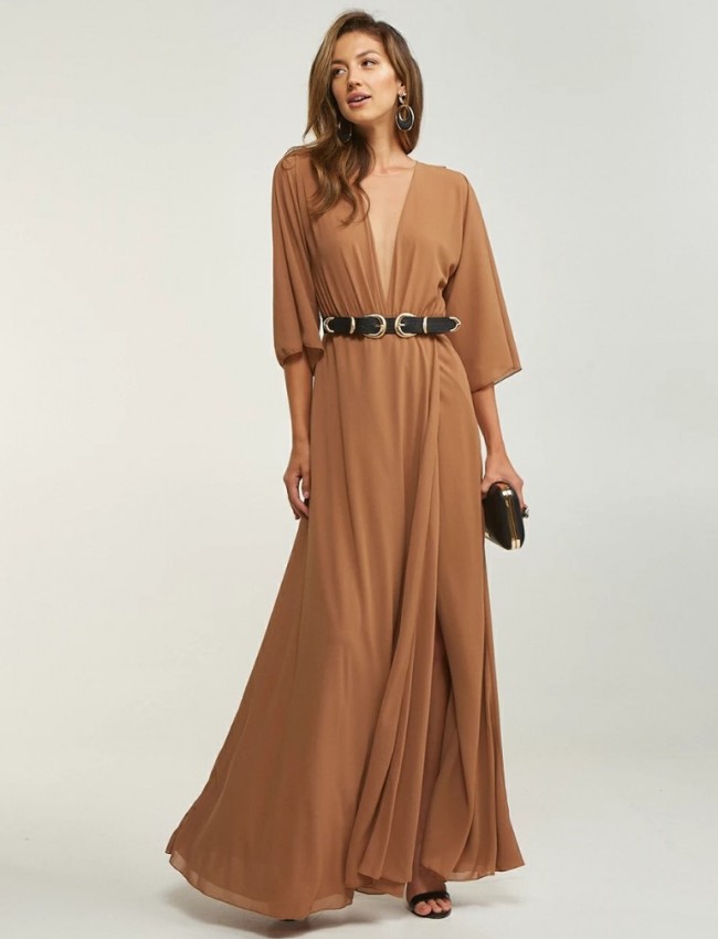 Nude maxi μουσελίνα φόρεμα με 3/4 μανίκια με τούλινη λεπτομέρεια στο μπούστο, ελαστική μέση και μπροστινό σκίσιμο Lynne