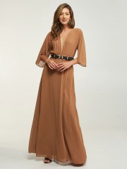 Nude maxi μουσελίνα φόρεμα με 3/4 μανίκια με τούλινη λεπτομέρεια στο μπούστο, ελαστική μέση και μπροστινό σκίσιμο Lynne