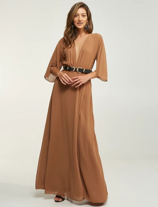 Nude maxi μουσελίνα φόρεμα με 3/4 μανίκια με τούλινη λεπτομέρεια στο μπούστο, ελαστική μέση και μπροστινό σκίσιμο Lynne