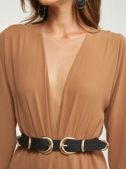 Nude maxi μουσελίνα φόρεμα με 3/4 μανίκια με τούλινη λεπτομέρεια στο μπούστο, ελαστική μέση και μπροστινό σκίσιμο Lynne