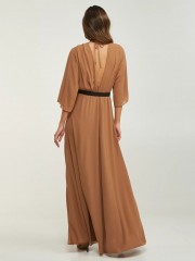 Nude maxi μουσελίνα φόρεμα με 3/4 μανίκια με τούλινη λεπτομέρεια στο μπούστο, ελαστική μέση και μπροστινό σκίσιμο Lynne