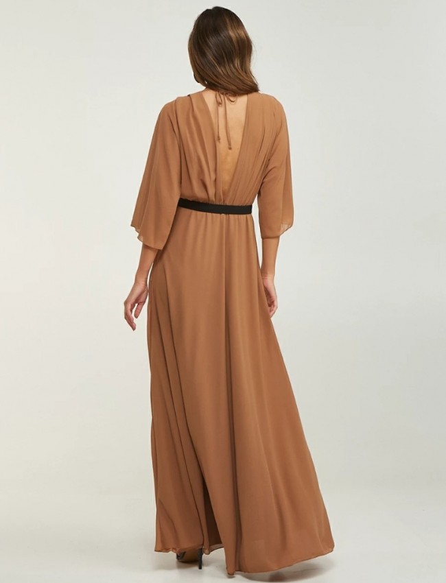 Nude maxi μουσελίνα φόρεμα με 3/4 μανίκια με τούλινη λεπτομέρεια στο μπούστο, ελαστική μέση και μπροστινό σκίσιμο Lynne