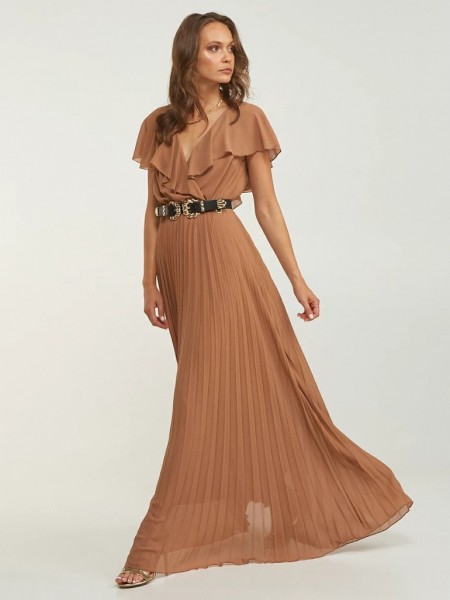 Nude maxi κοντομάνικο κρουαζέ πλισσέ φόρεμα με βολάν μανίκι και ελαστική μέση Lynne
