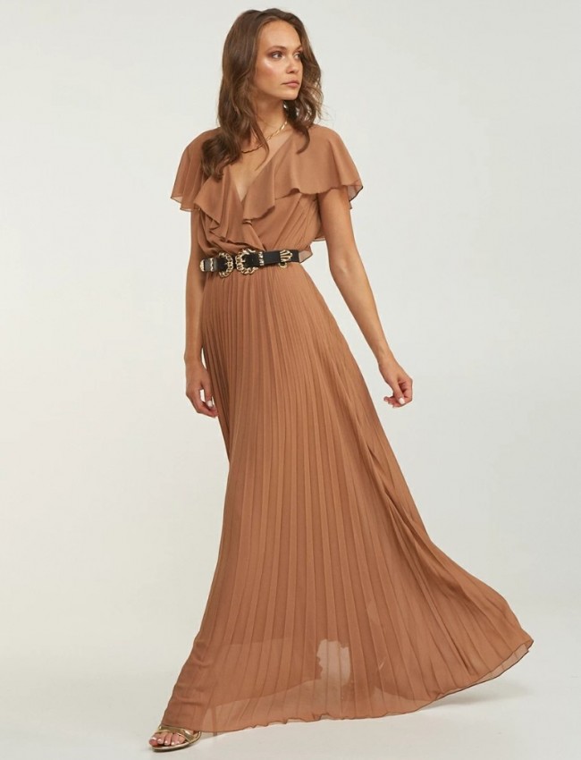 Nude maxi κοντομάνικο κρουαζέ πλισσέ φόρεμα με βολάν μανίκι και ελαστική μέση Lynne