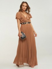 Nude maxi κοντομάνικο κρουαζέ πλισσέ φόρεμα με βολάν μανίκι και ελαστική μέση Lynne