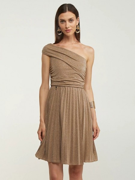 Nude πλισέ lurex mini φόρεμα, με έναν ώμο, ελαστική μέση και κρουαζέ φούστα LYNNE