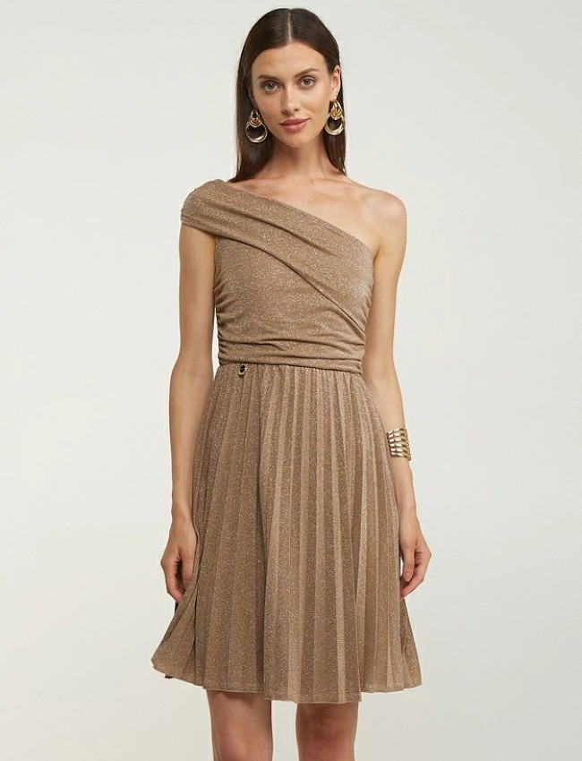Nude πλισέ lurex mini φόρεμα, με έναν ώμο, ελαστική μέση και κρουαζέ φούστα LYNNE