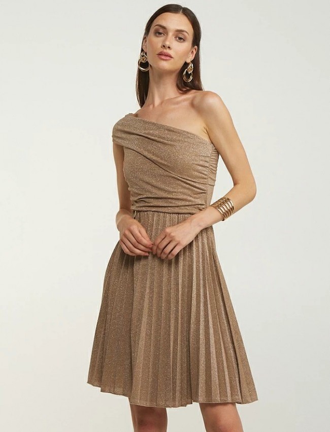 Nude πλισέ lurex mini φόρεμα, με έναν ώμο, ελαστική μέση και κρουαζέ φούστα LYNNE