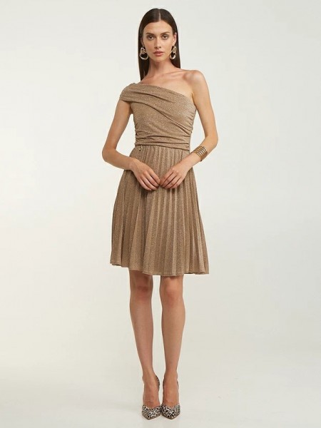 Nude πλισέ lurex mini φόρεμα, με έναν ώμο, ελαστική μέση και κρουαζέ φούστα LYNNE