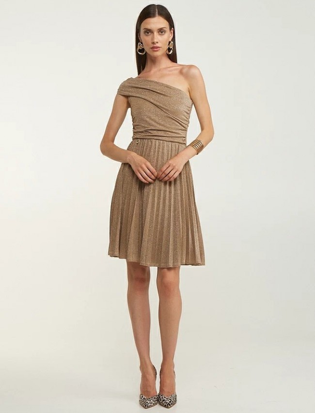 Nude πλισέ lurex mini φόρεμα, με έναν ώμο, ελαστική μέση και κρουαζέ φούστα LYNNE