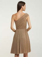 Nude πλισέ lurex mini φόρεμα, με έναν ώμο, ελαστική μέση και κρουαζέ φούστα LYNNE