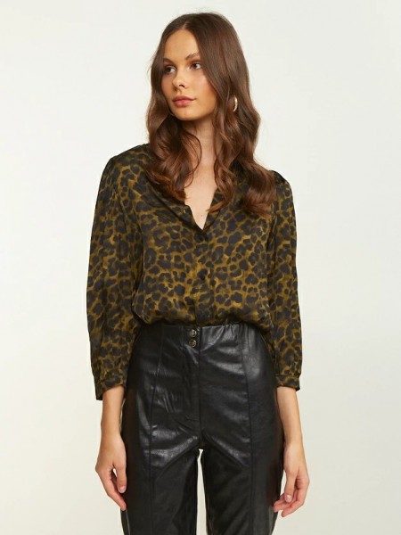 Leopard printed χακί σατινέ μακρυμάνικο πουκάμισο, με φουσκωτά μανίκια και ίσιο τελείωμα Lynne