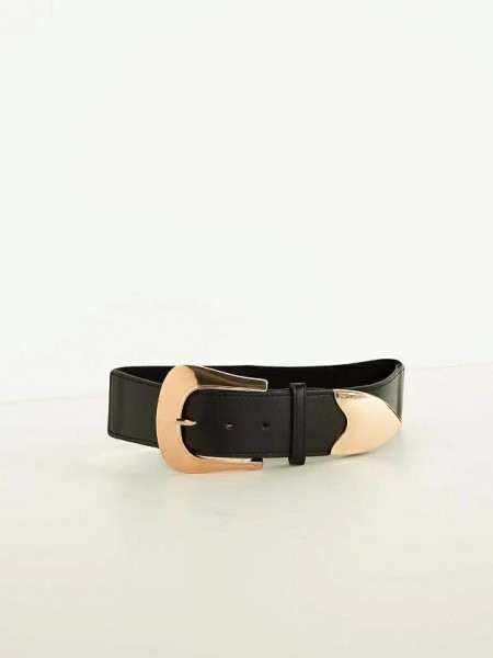 Μαύρη ελαστική ζώνη με χρυσή άγραφα σε faux-leather βάση Lynne