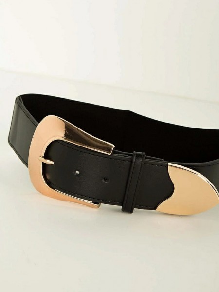Μαύρη ελαστική ζώνη με χρυσή άγραφα σε faux-leather βάση Lynne