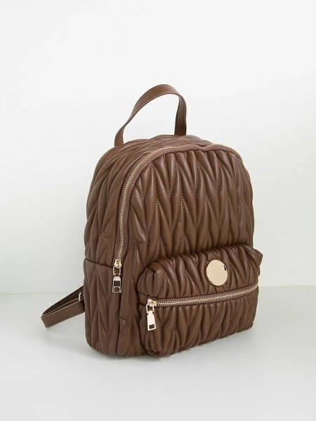 Καφέ καπιτονέ backpack, με μπροστινό τσεπάκι και ρυθμιζόμενα λουράκια πλάτης Lynne