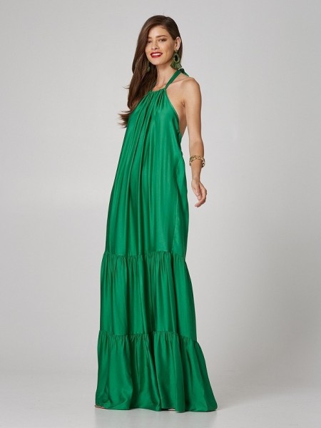 Πράσινο αμάνικο maxi σατέν φόρεμα με παρτούς ώμους και βολάν σε επίπεδα Lynne