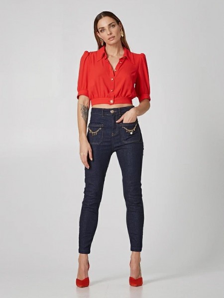 Blue jean ψηλόμεσο ελαστικό jean με μπροστινές τετράγωνες τσέπες και διακοσμητικές  αποσπώμενες αλυσίδες Lynne