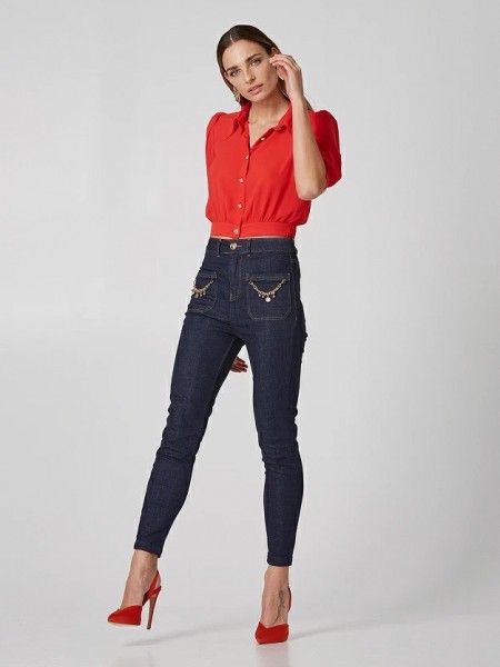 Blue jean ψηλόμεσο ελαστικό jean με μπροστινές τετράγωνες τσέπες και διακοσμητικές  αποσπώμενες αλυσίδες Lynne