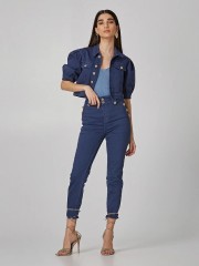 Μπλε jean cropped jacket με 3/4 μανίκια φουσκωτά και μπροστινές τσέπες Lynne
