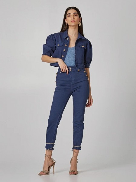 Μπλε jean cropped jacket με 3/4 μανίκια φουσκωτά και μπροστινές τσέπες Lynne