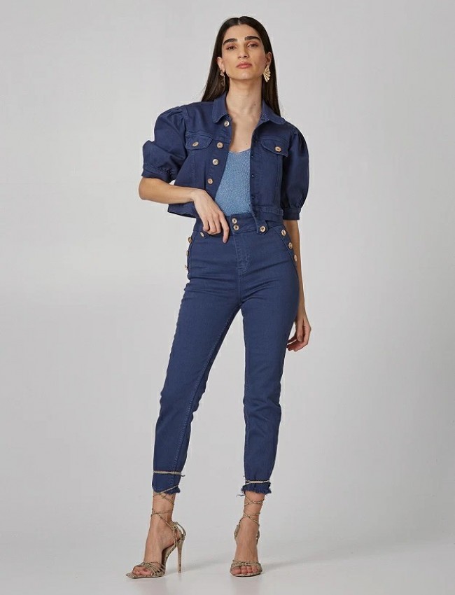 Μπλε jean cropped jacket με 3/4 μανίκια φουσκωτά και μπροστινές τσέπες Lynne