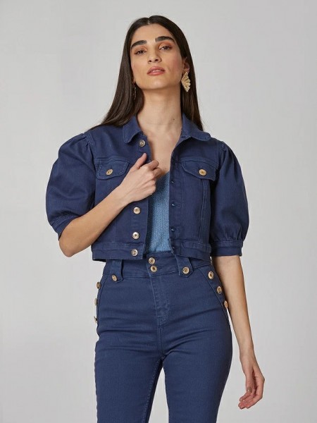 Μπλε jean cropped jacket με 3/4 μανίκια φουσκωτά και μπροστινές τσέπες Lynne