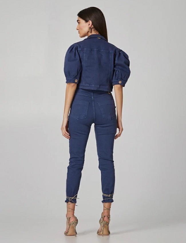 Μπλε jean cropped jacket με 3/4 μανίκια φουσκωτά και μπροστινές τσέπες Lynne