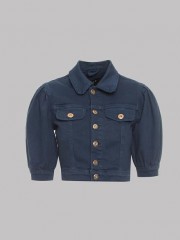 Μπλε jean cropped jacket με 3/4 μανίκια φουσκωτά και μπροστινές τσέπες Lynne