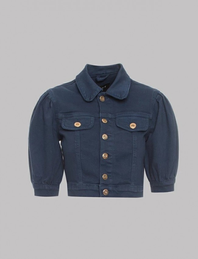 Μπλε jean cropped jacket με 3/4 μανίκια φουσκωτά και μπροστινές τσέπες Lynne