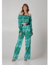 Εμπριμέ πράσινο μακρυμάνικo off-shoulder cropped top με λάστιχο στο τελείωμα Lynne
