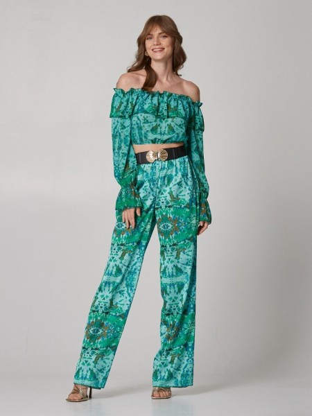 Εμπριμέ πράσινο μακρυμάνικo off-shoulder cropped top με λάστιχο στο τελείωμα Lynne