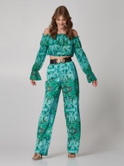 Εμπριμέ πράσινο μακρυμάνικo off-shoulder cropped top με λάστιχο στο τελείωμα Lynne