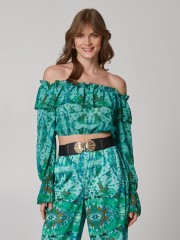 Εμπριμέ πράσινο μακρυμάνικo off-shoulder cropped top με λάστιχο στο τελείωμα Lynne