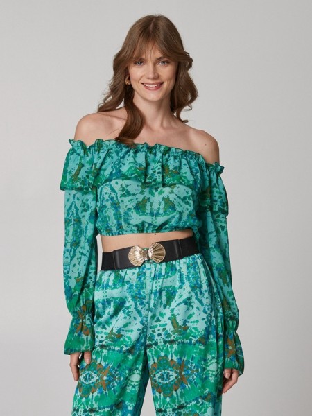 Εμπριμέ πράσινο μακρυμάνικo off-shoulder cropped top με λάστιχο στο τελείωμα Lynne