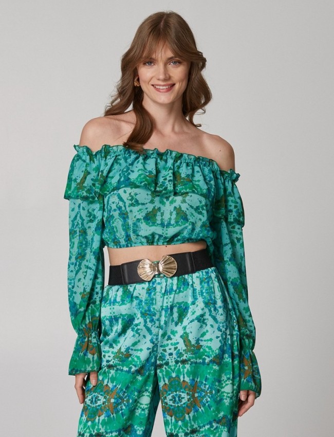 Εμπριμέ πράσινο μακρυμάνικo off-shoulder cropped top με λάστιχο στο τελείωμα Lynne