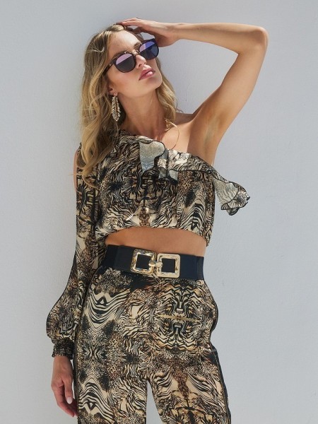 Animal printed μαύρο μακρυμάνικο cropped top με έναν ώμο, λάστιχο στο τελείωμα και άνοιγμα στο μανίκι Lynne