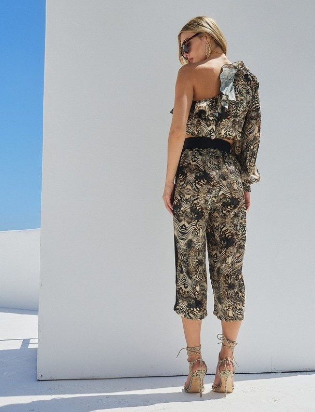 Animal printed μαύρο μακρυμάνικο cropped top με έναν ώμο, λάστιχο στο τελείωμα και άνοιγμα στο μανίκι Lynne