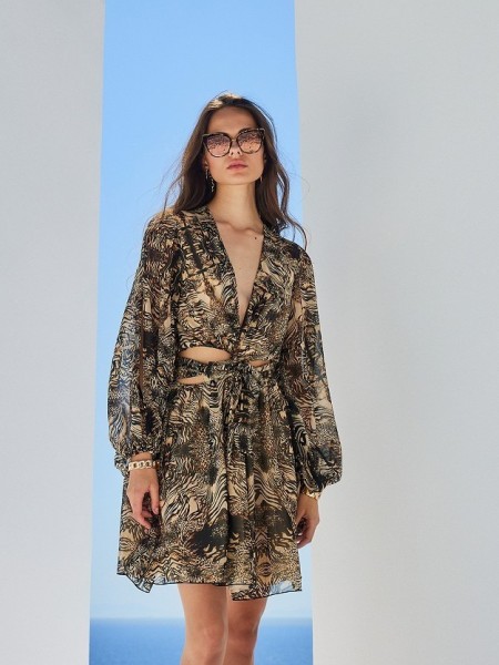 Animal printed μαύρο μακρυμάνικο κοντό φόρεμα με ημιδιάφανα μανίκια με άνοιγμα και cut out λεπτομέρειες στη μέση Lynne