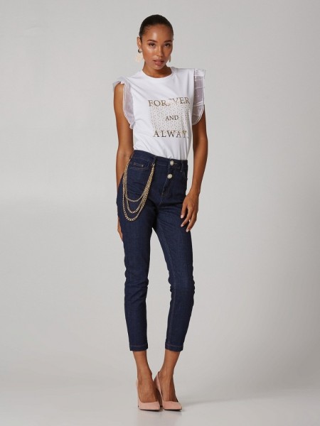 Blue jean ψηλόμεσο skinny παντελόνι χωρίς ξεβάμματα, κλείσιμο με φερμουάρ και χρυσό κουμπί πέρλα και αποσπώμενη κρεμαστή αλυσίδα στο πλάι Lynne