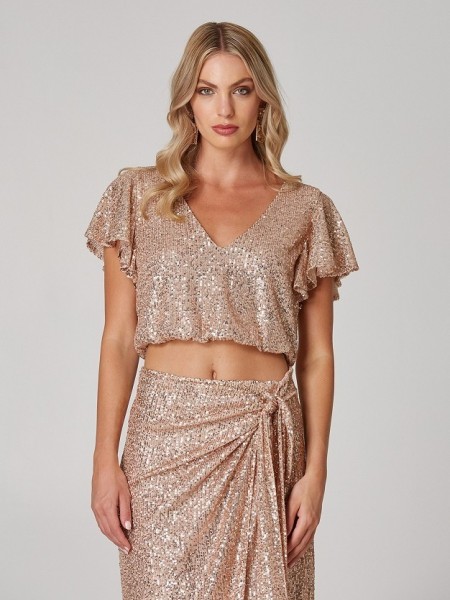 Nude κοντομάνικο παγετένιο cropped top με βολάν στα μανίκια, V-λαιμόκοψη και λάστιχο στο τελείωμα Lynne